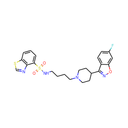 O=S(=O)(NCCCCN1CCC(c2noc3cc(F)ccc23)CC1)c1cccc2scnc12 ZINC000114600024