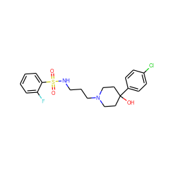 O=S(=O)(NCCCN1CCC(O)(c2ccc(Cl)cc2)CC1)c1ccccc1F ZINC000029125462