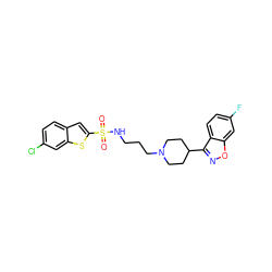 O=S(=O)(NCCCN1CCC(c2noc3cc(F)ccc23)CC1)c1cc2ccc(Cl)cc2s1 ZINC000114601373