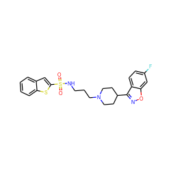 O=S(=O)(NCCCN1CCC(c2noc3cc(F)ccc23)CC1)c1cc2ccccc2s1 ZINC000114600138