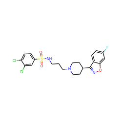 O=S(=O)(NCCCN1CCC(c2noc3cc(F)ccc23)CC1)c1ccc(Cl)c(Cl)c1 ZINC000114602124