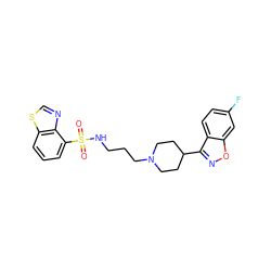 O=S(=O)(NCCCN1CCC(c2noc3cc(F)ccc23)CC1)c1cccc2scnc12 ZINC000114602963