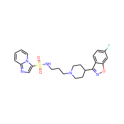 O=S(=O)(NCCCN1CCC(c2noc3cc(F)ccc23)CC1)c1cnc2ccccn12 ZINC000114600980