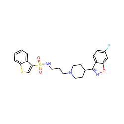 O=S(=O)(NCCCN1CCC(c2noc3cc(F)ccc23)CC1)c1csc2ccccc12 ZINC000114600624