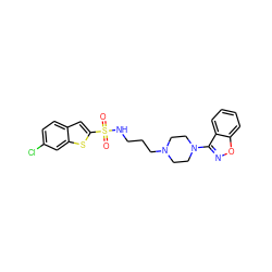 O=S(=O)(NCCCN1CCN(c2noc3ccccc23)CC1)c1cc2ccc(Cl)cc2s1 ZINC000169352075