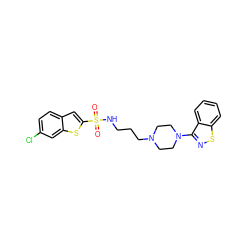 O=S(=O)(NCCCN1CCN(c2nsc3ccccc23)CC1)c1cc2ccc(Cl)cc2s1 ZINC000114600444