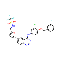 O=S(=O)(NCc1ccc(-c2ccc3ncnc(Nc4ccc(OCc5cccc(F)c5)c(Cl)c4)c3c2)o1)C(F)(F)F ZINC000169710781