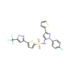 O=S(=O)(Nc1cc(-c2cccs2)nn1-c1ccc(F)cc1)c1ccc(-c2cc(C(F)(F)F)on2)s1 ZINC000034717659