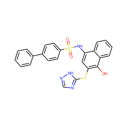O=S(=O)(Nc1cc(Sc2ncn[nH]2)c(O)c2ccccc12)c1ccc(-c2ccccc2)cc1 ZINC000084669159