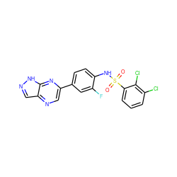 O=S(=O)(Nc1ccc(-c2cnc3cn[nH]c3n2)cc1F)c1cccc(Cl)c1Cl ZINC000148890063