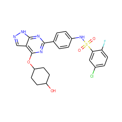 O=S(=O)(Nc1ccc(-c2nc(OC3CCC(O)CC3)c3cn[nH]c3n2)cc1)c1cc(Cl)ccc1F ZINC000217934820