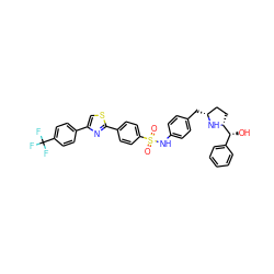 O=S(=O)(Nc1ccc(C[C@@H]2CC[C@H]([C@H](O)c3ccccc3)N2)cc1)c1ccc(-c2nc(-c3ccc(C(F)(F)F)cc3)cs2)cc1 ZINC000072122108