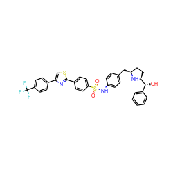 O=S(=O)(Nc1ccc(C[C@H]2CC[C@@H]([C@H](O)c3ccccc3)N2)cc1)c1ccc(-c2nc(-c3ccc(C(F)(F)F)cc3)cs2)cc1 ZINC000072126802