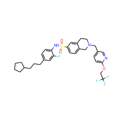 O=S(=O)(Nc1ccc(CCCC2CCCC2)cc1F)c1ccc2c(c1)CCN(Cc1ccc(OCC(F)(F)F)nc1)C2 ZINC000261168657