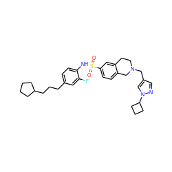 O=S(=O)(Nc1ccc(CCCC2CCCC2)cc1F)c1ccc2c(c1)CCN(Cc1cnn(C3CCC3)c1)C2 ZINC000261079170