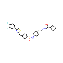 O=S(=O)(Nc1ccc(CCNC[C@H](O)c2ccccc2)cc1)c1ccc(Cc2nc(-c3ccc(F)c(F)c3)cs2)cc1 ZINC000028525320