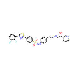 O=S(=O)(Nc1ccc(CCNC[C@H](O)c2cccnc2)cc1)c1ccc(-c2nc(-c3cccc(F)c3F)cs2)cc1 ZINC000025421631