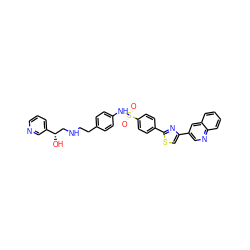 O=S(=O)(Nc1ccc(CCNC[C@H](O)c2cccnc2)cc1)c1ccc(-c2nc(-c3cnc4ccccc4c3)cs2)cc1 ZINC000029566453