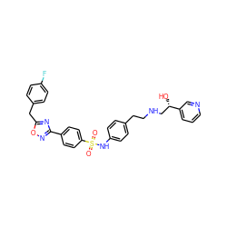 O=S(=O)(Nc1ccc(CCNC[C@H](O)c2cccnc2)cc1)c1ccc(-c2noc(Cc3ccc(F)cc3)n2)cc1 ZINC000029222198