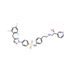 O=S(=O)(Nc1ccc(CCNC[C@H](O)c2cccnc2)cc1)c1ccc(-n2ncc(Cc3c(F)cc(F)cc3F)n2)cc1 ZINC000026254840