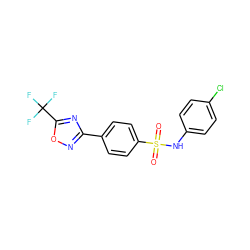 O=S(=O)(Nc1ccc(Cl)cc1)c1ccc(-c2noc(C(F)(F)F)n2)cc1 ZINC000142953110