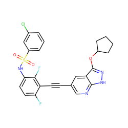 O=S(=O)(Nc1ccc(F)c(C#Cc2cnc3[nH]nc(OC4CCCC4)c3c2)c1F)c1cccc(Cl)c1 ZINC001772577760