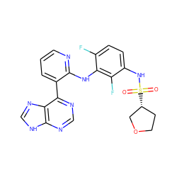 O=S(=O)(Nc1ccc(F)c(Nc2ncccc2-c2ncnc3[nH]cnc23)c1F)[C@@H]1CCOC1 ZINC000653850805