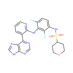 O=S(=O)(Nc1ccc(F)c(Nc2ncccc2-c2ncnc3[nH]cnc23)c1F)C1CCOCC1 ZINC000653850836