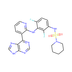 O=S(=O)(Nc1ccc(F)c(Nc2ncccc2-c2ncnc3[nH]cnc23)c1F)N1CCCCC1 ZINC000653844290