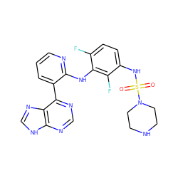 O=S(=O)(Nc1ccc(F)c(Nc2ncccc2-c2ncnc3[nH]cnc23)c1F)N1CCNCC1 ZINC000653852812