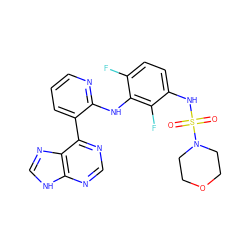 O=S(=O)(Nc1ccc(F)c(Nc2ncccc2-c2ncnc3[nH]cnc23)c1F)N1CCOCC1 ZINC000166374925