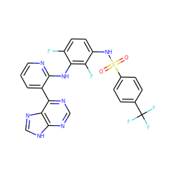 O=S(=O)(Nc1ccc(F)c(Nc2ncccc2-c2ncnc3[nH]cnc23)c1F)c1ccc(C(F)(F)F)cc1 ZINC000166371280
