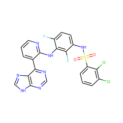 O=S(=O)(Nc1ccc(F)c(Nc2ncccc2-c2ncnc3[nH]cnc23)c1F)c1cccc(Cl)c1Cl ZINC000166371559