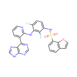 O=S(=O)(Nc1ccc(F)c(Nc2ncccc2-c2ncnc3[nH]cnc23)c1F)c1cccc2ccoc12 ZINC000166379405