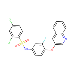 O=S(=O)(Nc1ccc(Oc2cnc3ccccc3c2)c(F)c1)c1ccc(Cl)cc1Cl ZINC000095591103