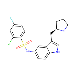 O=S(=O)(Nc1ccc2[nH]cc(C[C@H]3CCCN3)c2c1)c1ccc(F)cc1Cl ZINC000013607651