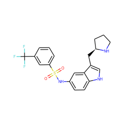 O=S(=O)(Nc1ccc2[nH]cc(C[C@H]3CCCN3)c2c1)c1cccc(C(F)(F)F)c1 ZINC000013607622