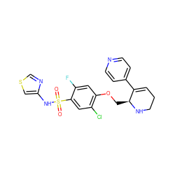O=S(=O)(Nc1cscn1)c1cc(Cl)c(OC[C@@H]2NCCC=C2c2ccncc2)cc1F ZINC001772609339