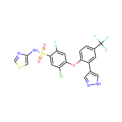 O=S(=O)(Nc1cscn1)c1cc(Cl)c(Oc2ccc(C(F)(F)F)cc2-c2cn[nH]c2)cc1F ZINC000095585385