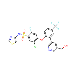 O=S(=O)(Nc1cscn1)c1cc(Cl)c(Oc2ccc(C(F)(F)F)cc2-c2cncc(CO)c2)cc1F ZINC000095584191