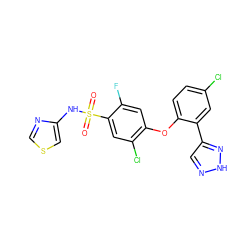 O=S(=O)(Nc1cscn1)c1cc(Cl)c(Oc2ccc(Cl)cc2-c2cn[nH]n2)cc1F ZINC000095585484
