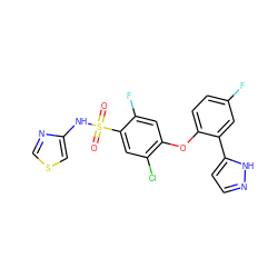 O=S(=O)(Nc1cscn1)c1cc(Cl)c(Oc2ccc(F)cc2-c2ccn[nH]2)cc1F ZINC000095583274