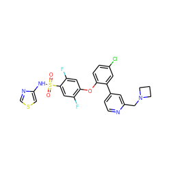 O=S(=O)(Nc1cscn1)c1cc(F)c(Oc2ccc(Cl)cc2-c2ccnc(CN3CCC3)c2)cc1F ZINC000095585651