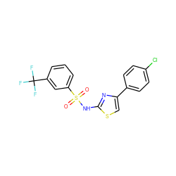 O=S(=O)(Nc1nc(-c2ccc(Cl)cc2)cs1)c1cccc(C(F)(F)F)c1 ZINC000103299460