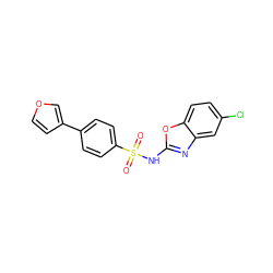 O=S(=O)(Nc1nc2cc(Cl)ccc2o1)c1ccc(-c2ccoc2)cc1 ZINC000028572193