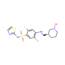 O=S(=O)(Nc1nccs1)c1cc(Cl)c(NC[C@@H]2CCCN(O)C2)cc1F ZINC001772600022