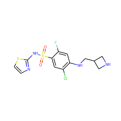 O=S(=O)(Nc1nccs1)c1cc(Cl)c(NCC2CNC2)cc1F ZINC001772627504