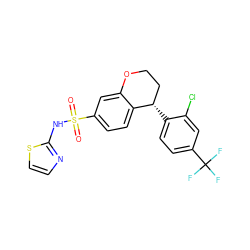 O=S(=O)(Nc1nccs1)c1ccc2c(c1)OCC[C@@H]2c1ccc(C(F)(F)F)cc1Cl ZINC000653721499