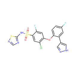 O=S(=O)(Nc1ncns1)c1cc(Cl)c(Oc2ccc(F)cc2-c2cn[nH]c2)cc1F ZINC000095584133