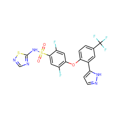 O=S(=O)(Nc1ncns1)c1cc(F)c(Oc2ccc(C(F)(F)F)cc2-c2ccn[nH]2)cc1F ZINC000095582643
